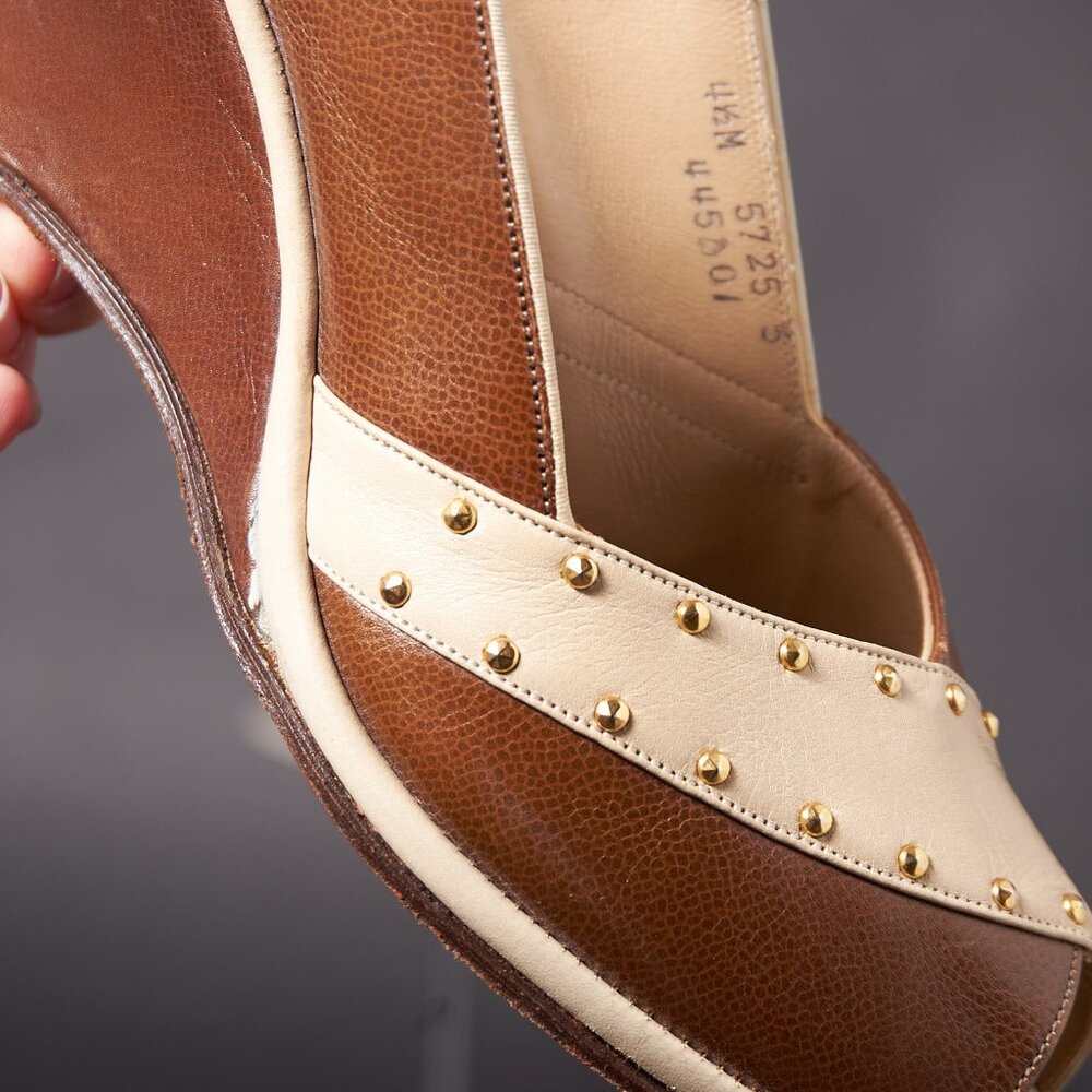 1950s Brown and Beige Studded Peep Toe Wedges Heels